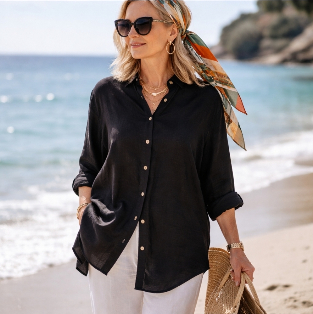 Black Linen Tunic Button Front Coldwater Creek Minimalist Quiet Luxury Chic Sz L - Picture 5 of 7